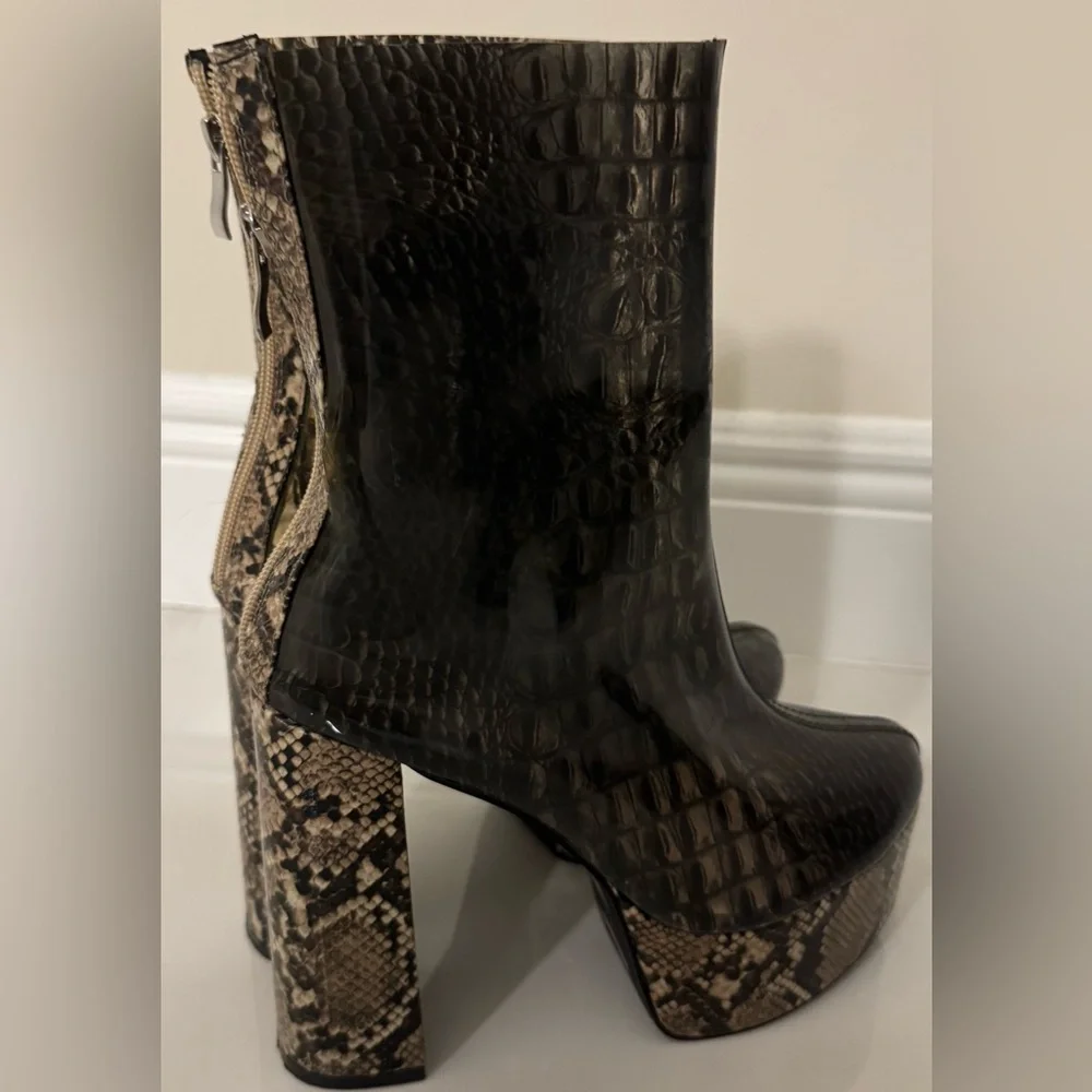 Women’s Platform Ankle Boots in Black with Snake-Print Accents